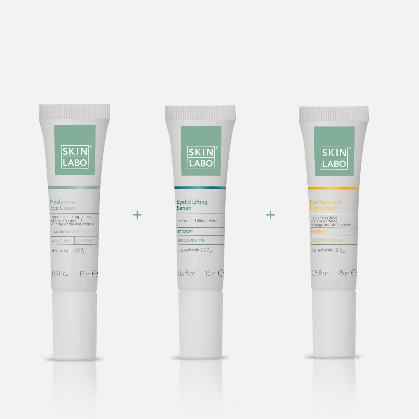 CRÈME CONTOUR DES YEUX À L'ACIDE HYALURONIQUE + CRÈME RÉCUPÉRATRICE POCHES ET CERNES + SÉRUM LIFTING PAUPIÈRES